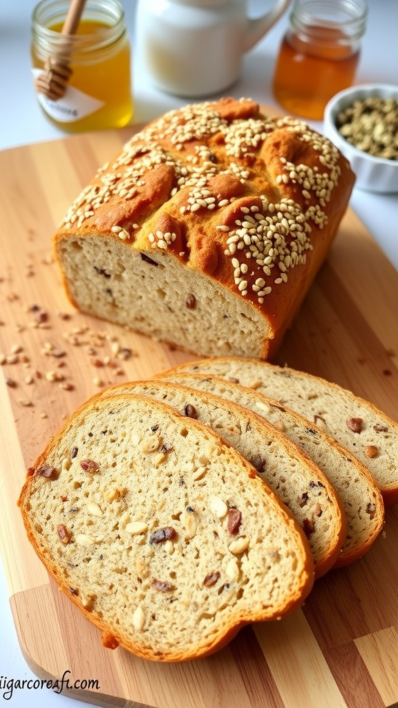 Freshly baked quinoa bread loaf with seeds on top, sliced and displayed on a wooden board.